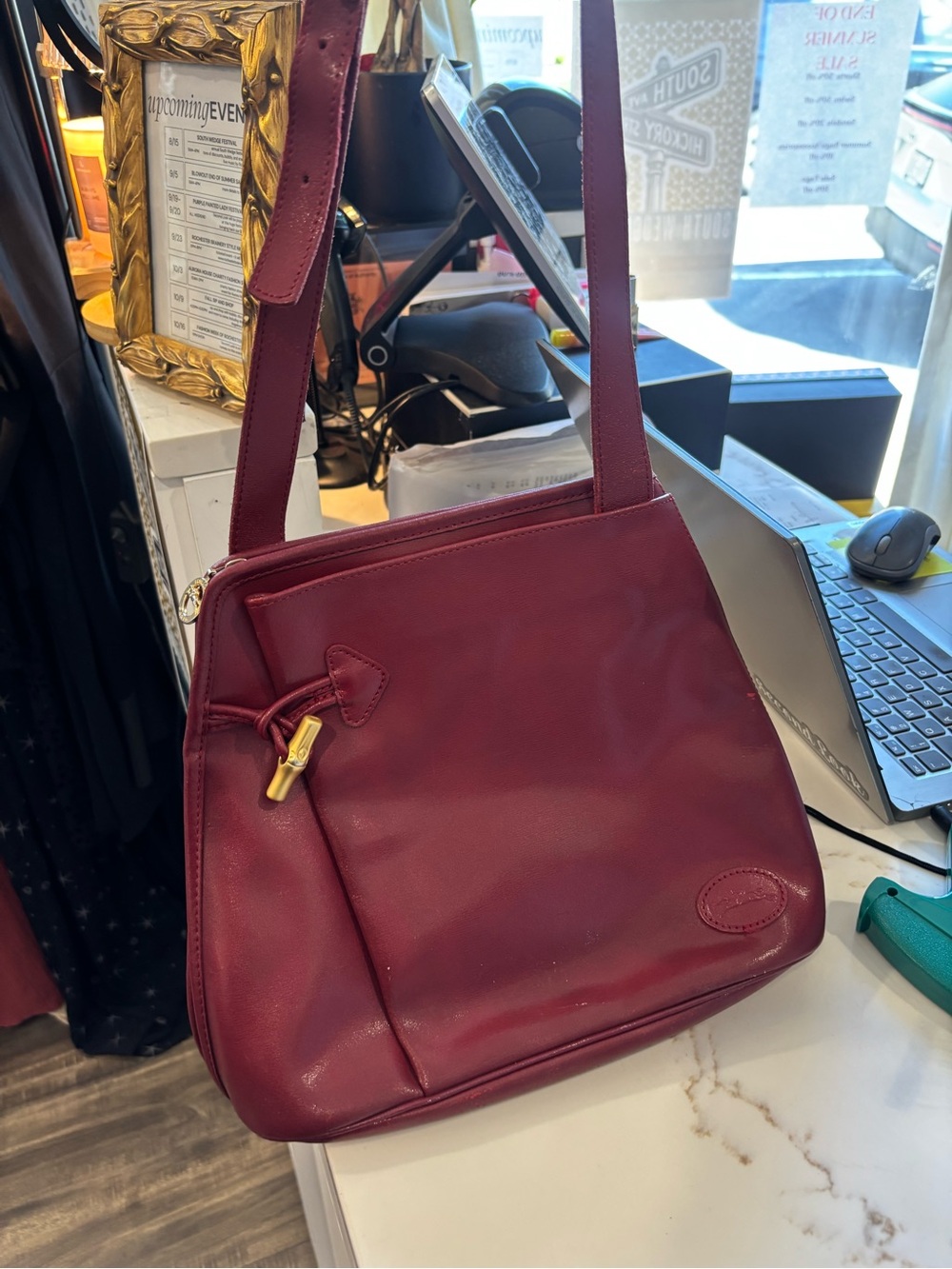 Longchamp Burgundy Leather Shoulder Bag with Gold-Tone Toggle